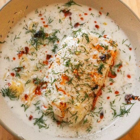 Poached Cod in Coconut Milk with Dill & Lemon Garlic Chili Oil, Poached Cod, Cod Fillets, Cream Sauce Pasta, Arugula Salad Recipes, Olive Oil Garlic, Butter Pasta, Coconut Sauce, Cod Recipes