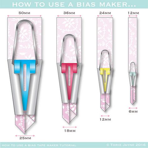 Bias maker sizes | Blogged at Torie Jayne.com Blog|Facebook|… | toriejayne | Flickr Bias Binding Tutorial, Make Bias Binding, Sewing Notes, Bias Tape Tutorial, Bias Tape Binding, Binding Tutorial, Sewing Machine Basics, Fashion Design Patterns, Quilt Binding