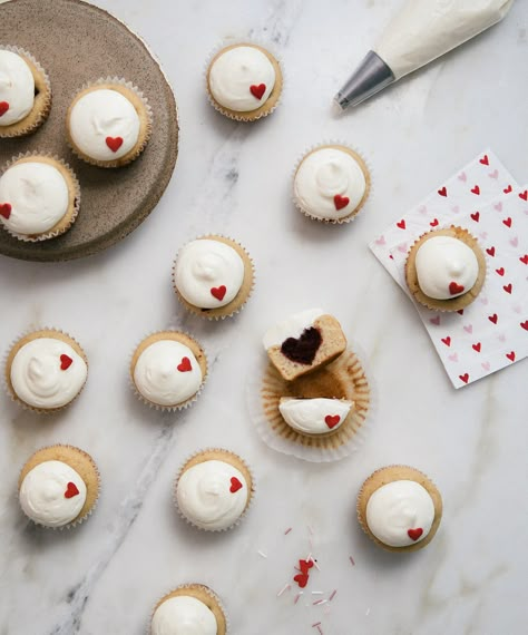 Surprise Cupcakes, Fluffy Cream Cheese Frosting, Buckwheat Cake, Valentines Baking, Single Layer Cakes, Heart Cupcakes, Heart Sprinkles, White Cupcakes, Buttercream Cupcakes