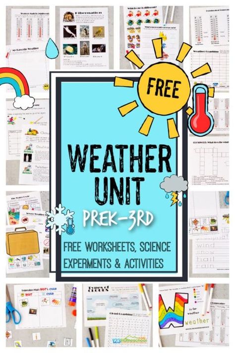 Make teaching kids about weather fun and EASY with this free weather unit. These Weather Worksheets help kids explore a variety of weather topics as well as some weather themed worksheet for early math and literacy too. Use these free weather pintables as preschool, 1st grade, 2nd, grade, 3rd grade, 4th grade and kindergarten weather worksheets. Simply print pdf file with weather worksheets for kids and you are ready to learn! Weather Worksheets For Kids, Weather Printables, Weather Unit Study, Weather Activities For Kids, Cycle For Kids, Weather Lessons, Weather Worksheets, Solar System Projects, Weather Science