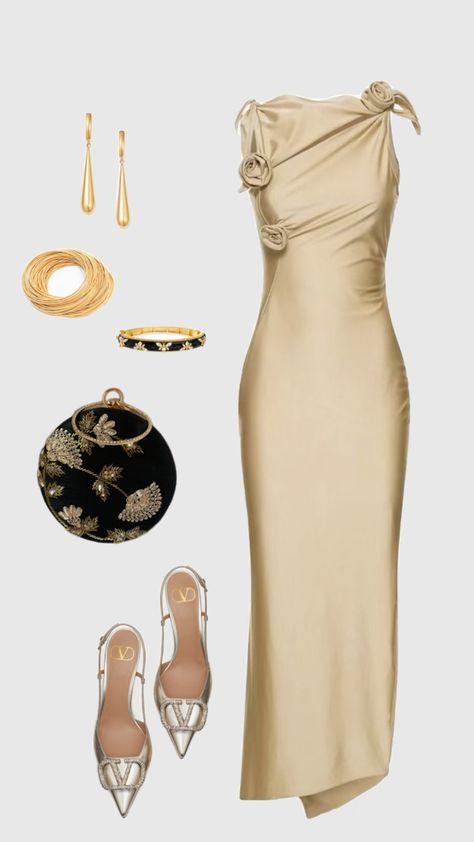 #elegant #summer #goldaesthetic #dressoutfit Champagne Dress Outfit, Gold Dress Outfit, 90s Model Style, Beige Dress Outfit, Champagne Gold Dress, Event Fits, Date Night Outfit Classy, Met Gala Dresses, Rich Clothes