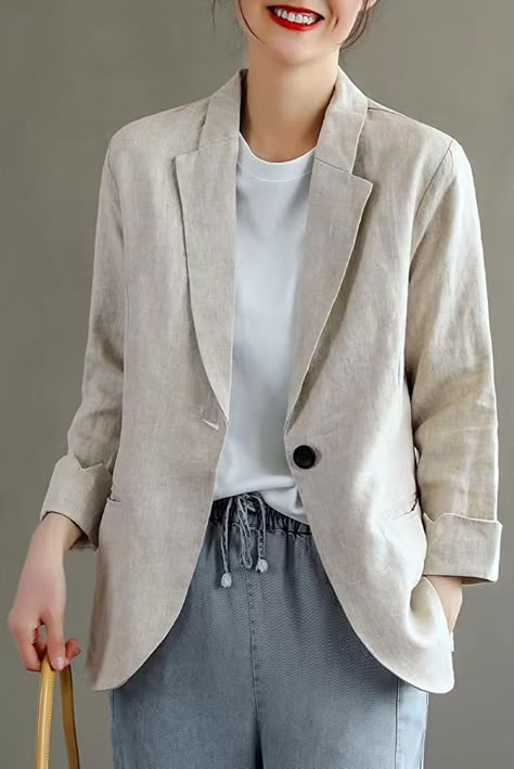 IDEALSANXUN Womens 100% Linen Blazer Notch Lapel One Button Suit Coat Jackets(Black Blazer, M) at Amazon Women’s Clothing store Cotton Coats For Women Summer, Summer Coats For Women, Linen Jacket Outfit, Summer Linen Blazer, Linen Blazer Outfit Women, Linen Coats Women, Hijab Wardrobe, Linen Blazer Outfit, Natural Fibers Clothing