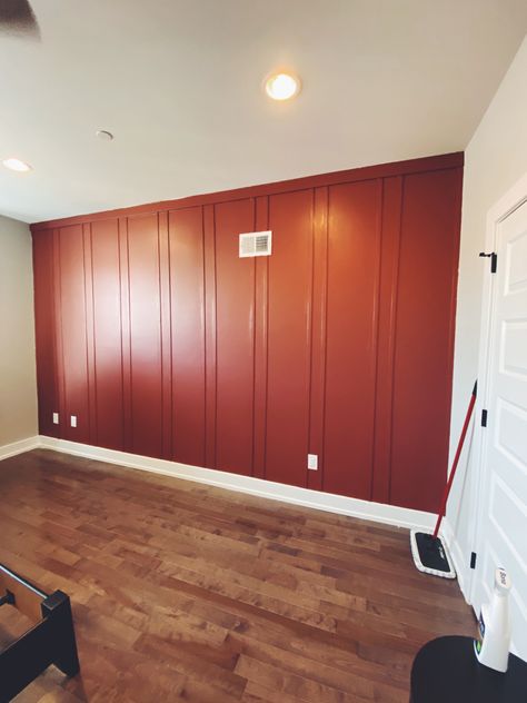 Terra Cotta Board And Batten, Red Board And Batten Wall, Kids Red Bedroom, Orange Board And Batten, Red Accent Wall Bedroom Boys, Yellow Board And Batten, Boys Red Bedroom, Red Kids Bedroom, Red Boys Room