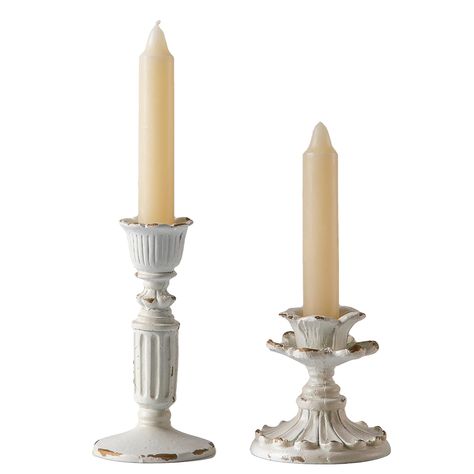 PRICES MAY VARY. Use the decorative premium quality handmade tapered candlestick holders for your any space decor. The blooming flower candlestick design highlights the elegance and classic, and shabby chic finish is the great complement to rustic and farmhouse inspired decor styles. The shabby chic candle stand of this home decor brings a sense of the past to your home. Simple a great country centerpiece ornament for your dining room table, living room, kitchen and farmhouse home decor. Add ins Wedding Manifestation, Birthday Home Party, Gold Candlestick Holders, Retro Candle, Shabby Chic Candle, Shabby Chic Accessories, Farmhouse Inspired Decor, White Candle Holders, White Candle Sticks