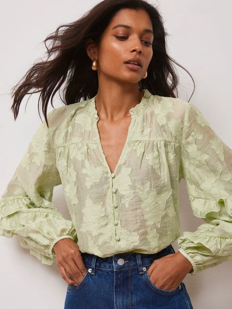 Bringing a neat addition to your wardrobe, this blouse from Mint Velvet is intricately textured with jacquard motifs. Framed with a v-neckline and long sleeves, it is made from a light yet durable blended fabric and is an everyday wardrobe essential. Going Out Trousers, Romantic Blouses, Linen Loungewear, How To Iron Clothes, Mint Velvet, Clothing Care, Everyday Wardrobe, Modest Outfits, White Top