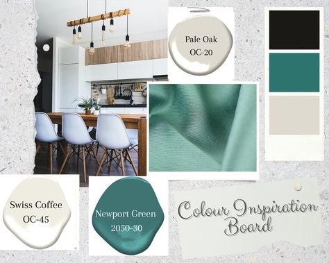 Newport Green Benjamin Moore, Benjamin Moore Paint Colours, Green Benjamin Moore, Color Inspiration Boards, Pale Oak, Swiss Coffee, Paint Colors Benjamin Moore, Benjamin Moore Paint, Room Color Schemes