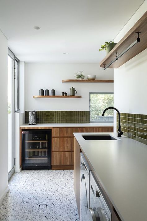 Jess O'Shea Designs | Beach 2023 Layers, Kitchen Terrazzo, Mcm Kitchen, Timber Floors, Kitchen Redesign, Mid Century Modern Kitchen, Mid Century Modern Interiors, Mid Century Kitchen, Green A