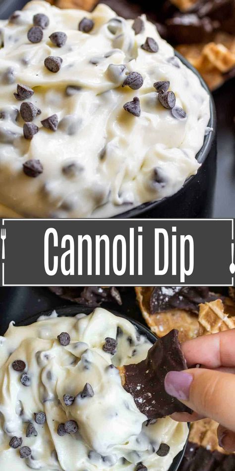 This Creamy Cannoli Dip is made with ricotta and mascarpone, and Italian cream cheese, and chocolate chips, served with waffle cone dippers. It is an easy dip that makes the BEST easy dessert recipe for parties. Best Easy Dessert, Best Easy Dessert Recipes, Cheese And Chocolate, Cannoli Dip, Cannoli Filling, Dessert Dip, Easy Dip, Italian Cream, Dessert Spread