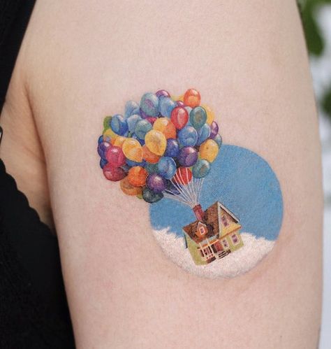 Up Tattoos Disney, Pixar Up Tattoo, Up Disney Tattoo Ideas, Up Movie Tattoo Ideas, Up House Tattoo, Up Movie Tattoo, Up House Tattoo Disney, Up Tattoo, Unique Animal Tattoos