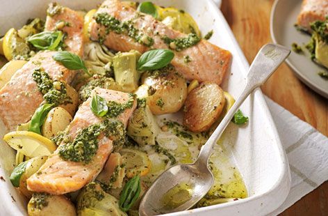 A quick & simple salmon, artichoke & potato pesto bake recipe is light, zesty & healthy, perfect for spring. Discover more fish recipes at Tesco Real Food. Salmon Artichoke, Traybake Dinner, Salmon And Sweet Potato, Tray Bake Recipes, Tesco Real Food, Easy Salmon Recipes, Sweet Potato Recipes, Family Favorite Meals, Seafood Dishes