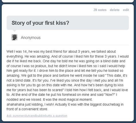 First Kiss Stories, Kiss Stories, Funny Tumblr Posts, Have A Laugh, First Kiss, Funny Pins, Tumblr Posts, Tumblr Funny, Bones Funny