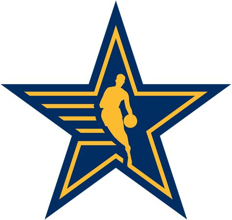 NBA All-Star Game Logo Secondary Logo (2023/24) - The 2024 NBA All-Star Game secondary star logo, shows a navy blue and yellow star with horizontal streaks leading to the NBA logo silhouette in yellow. A nod to the primary logo style of the 2024 NBA All-Star host Indiana Pacers SportsLogos.Net Logo All Star, Game Basket, Logo Silhouette, Navy Blue And Yellow, Secondary Logo, Basketball Tournament, Yellow Star, Nba Logo, Logo Style