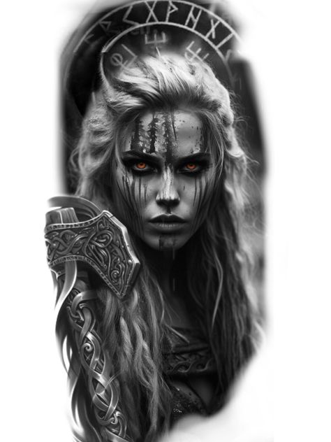 Lagatha Vikings Tattoo, Viking Shield Maiden Tattoo, Viking Women Tattoo, Hel Goddess Tattoo, Viking Warrior Woman Tattoo, Valkyrie Tattoo Men, Female Warrior Tattoo Sleeve, Viking Woman Tattoo, Valkyrie Tattoo Design