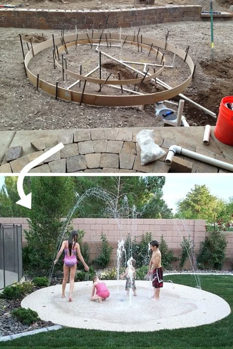 Backyard Paver Project and Splash Pad | DIY Backyard Projects For Summer | FarmFoodFamily Backyard Splash Pad Ideas, Diy Splash Pad For Kids, Dirt Backyard Makeover Diy, Splash Pad Backyard, Kid Friendly Backyard Ideas, Diy Splash Pad, Backyard Splash Pad, Kolam Air, Pergola Diy