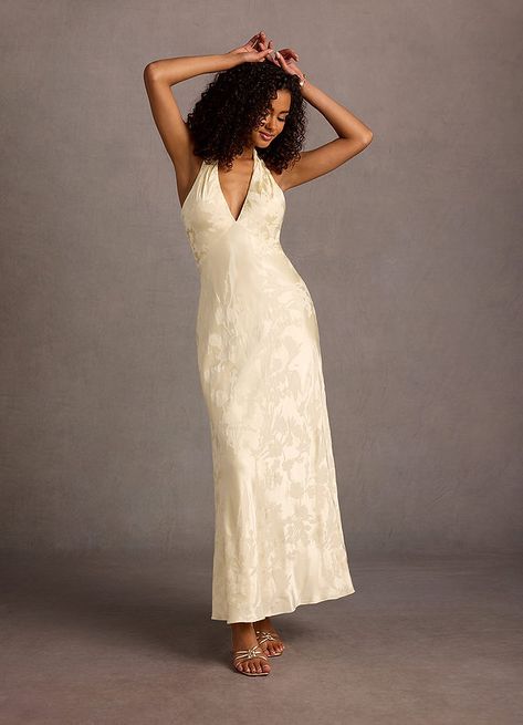 Janae Cream Halter Maxi Dress Atelier Dresses | Azazie Cream Formal Dresses, Romantic White Dress, Cream Bridesmaid Dresses, Atelier Dress, Cream Dresses, Dresses For The Races, Cream Color Dress, Halter Prom Dresses, White Halter Top