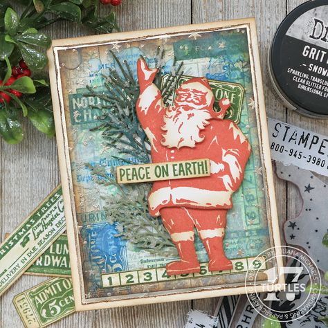 Retro Santa Peace On Earth Christmas Card by Juliana Michaels featuring Tim Holtz Stampers Anonymous Christmas 2023 Winter Woodlands and Jolly Holiday Stamp Sets Tim Holtz Christmas Stamps, Tim Holtz Christmas 2023, Stampers Anonymous Christmas, Christmas Journaling, Halloween Bottle Labels, Santa Stamp, Handmade Cards Diy, Tim Holtz Cards, Santa Cards