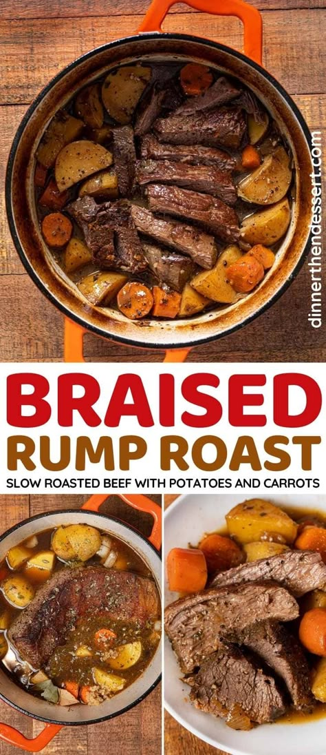 Easy Rump Roast is a hearty, easy one pot meal of tender, flavorful slow roasted beef with potatoes and carrots. Perfect for Sunday dinner. Slow Roasted Beef, Beef With Potatoes, Beef Rump Roast, Rump Roast, Roasted Potatoes And Carrots, Pot Roast Crock Pot Recipes, Beef Rump, Dinner Beef, Roasted Beef