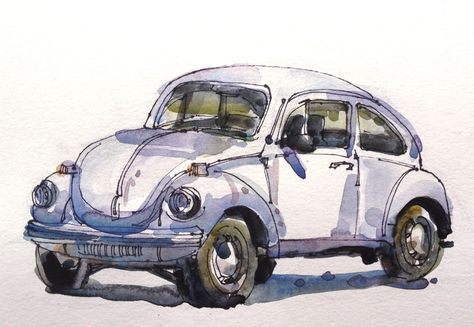 https://flic.kr/p/ehEKUo | Herbie | I will always think of the old VW as Herbie. Beetle Volkswagen, Vw Art, Volkswagen Bug, Car Sketch, Painting Studio, Pen And Watercolor, Car Drawings, Watercolor Sketch, Urban Sketching