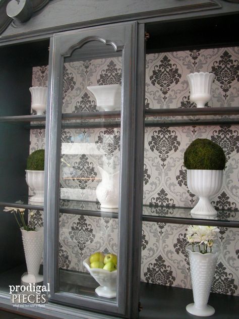 Interior View of Wallpapered China Cabinet by Prodigal Pieces | www.prodigalpieces.com Cabinet With Wallpaper, Wallpaper Makeover, China Cabinet Makeovers, China Cabinet Redo, Wallpaper Cabinets, China Cabinet Makeover, Painted China Cabinets, China Cupboard, Redo Cabinets