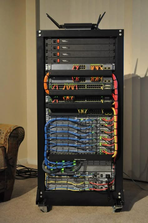 Someone's home lab. Love the cable management! Network Rack Cable Management, Wire Rack Ideas, Home Server Room, Home Server Rack, Data Center Rack, Home Server, Network Rack, Home Lab, Server Room