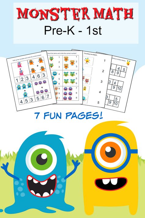 7 Fun Pages of Monster Themed Math Worksheets (for Pre-Kindergarten to Grade 1 aged kids!) You are going to love this FREE printable Monster Math Pack for kids. Number Worksheets Kindergarten, Printable Activity Sheets, Back To School Worksheets, Thema Halloween, Printable Colouring, Learning Activities For Kids, Monster Theme, Basic Math Skills, Free Printable Games