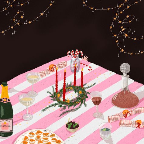 The image is an illustration of a dinner table with a pink and white striped table cloth. In the centre is a wreath with red candles and around are various retro glassware of different drinks. There are also canapés on the table. Above are fairy lights with glowing stars Christmas Party Art, Christmas Table Illustration, Tablescape Illustration, Christmas Food Illustration, Christmas Dinner Illustration, Christmas Drinks Party, Potluck Themes, Winter Challenge, Christmas Party Drinks