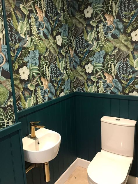 Colourful Small Toilet Room, Tropical Downstairs Toilet Ideas, Wallpapered Downstairs Toilet, Quirky Small Bathrooms, Small Funky Toilet Ideas, Quirky Toilet Room Ideas, Dark Green Downstairs Toilet, Bright Downstairs Toilet Ideas, Bold Downstairs Toilet Ideas