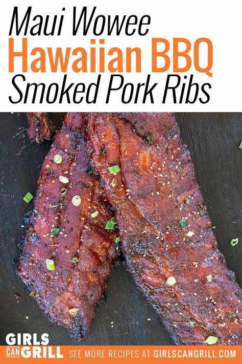 Make these sweet, sticky, meaty Maui Wowee Hawaiian BBQ smoked pork ribs to bring the islands to your backyard. Hawaiian Ribs Recipe, Hawaiian Ribs, Hawaiian Meals, Hawaii Recipes, Bbq Smoker Recipes, Tailgating Food, Smoked Pork Ribs, Rib Sauce, Outdoor Cooking Recipes