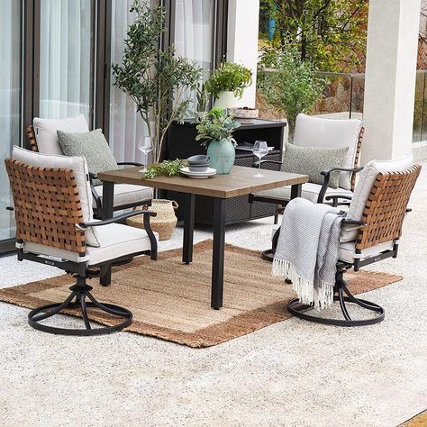 Boho Patio Set Wicker Swivel Chair, Round Metal Table, Outdoor Meals, Porch Table, Swivel Rocking Chair, Dining Table Brown, Outdoor Patio Designs, Swivel Dining Chairs, Wicker Dining Chairs