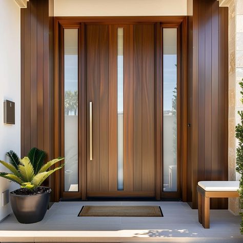 An American-style house entrance door with high-quality hinges ensures smooth operation and longevity Double Front Doors Modern, Walnut Front Door Modern, Wooden Front Door Design Modern, Modern Main Entrance Door Design, Giant Doors Entrance, Wooden Doors Entrance Front Entry, Entrance Doors Ideas Front Entry, Main Door Interior, Performance Aesthetic