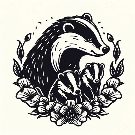 Created by Bing AI: "Simplified Traditional Tattoo Style. Protective mama badger (in profile) with two baby badgers. One of the babies is mischievous. Framed in flowers." American Traditional Badger Tattoo, Cute Honey Badger Tattoo, Badger Tattoo Design, Traditional Badger Tattoo, Badger Linocut, Honey Badger Tattoo, Badger Drawing, Badger Tattoo, Badger Art