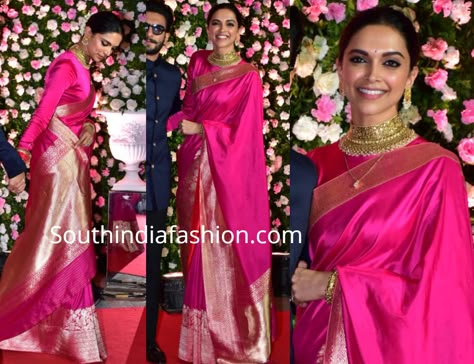 deepika padukone in pink saree at kapil sharma wedding reception Pink Banarsi Saree Look, Pink Saree Bride, Pink Saree Makeup Look, Karwachauth Look In Saree, Designer Sarees Wedding Receptions, Deepika In Saree, Deepika Padukone In Saree, Saree Deepika Padukone, Pink Bridal Saree