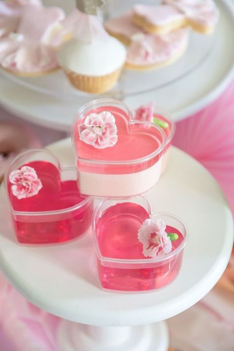 Pink Heart Jello Cups from a Pink + White Ballerina Birthday Party on Kara's Party Ideas | KarasPartyIdeas.com Pink Heart Birthday Party, Princess Desserts Ideas, Cute Pink Deserts, Pink Snacks For Party Dessert Tables, Pink And White Party Aesthetic, Pink Barbie Desserts, Rose Pink Birthday Party Ideas, Pink Jello Cups, Pink Individual Desserts