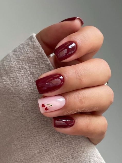 September nail designs: cherry red nails Red Fall Nails Short, Nov Nails Ideas, Girlish Nail Art, Neutral Holiday Nail Designs, Autumn Nails Dark Red, Burgundy Gel Nails Design, November Nail Ideas Square, Fall Nails Design 2024, Red Golden Nails