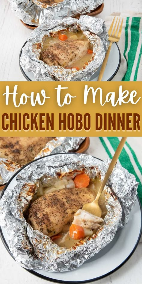 Chicken Hobo Dinner is loaded with chicken, veggies and seasoning. Wrapped in aluminum foil for an easy meal on the grill, oven, or campfire. This recipe makes for an easy cleanup and everyone can make their favorite combination. Make this foil dinner on the grill, toss them at your campfire or make them in the oven. #grillonadime #chickenhobodinner #hobodinner Chicken Hobo Dinner Foil Packets Ovens, Foil Wrapped Chicken, Hobo Dinner Recipes, Dinner On The Grill, Tin Foil Meals, Foil Baked Chicken, Chicken Foil Packs, Hobo Dinner, Tin Foil Dinners