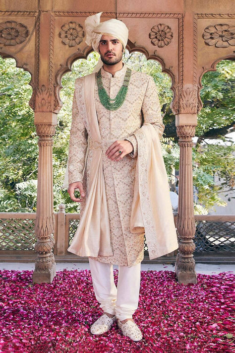 Cream embroidered sherwani churidar set for men Beige Sherwani Groom, Groom Kurta Indian Weddings, Cream Sherwani Grooms, Ivory Sherwani Grooms, Silk Saree Gown, Cream Sherwani, Pitta Work, Chic Outdoor Wedding, Indian Groom Outfit