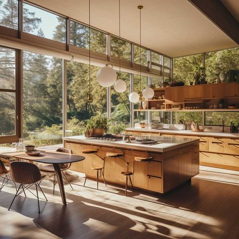 Midcentury Modern Open Concept, Midcentury Modern Architecture Interiors, Mid Century Modern House Layout, Mid Century Open Kitchen, Mid Century House Layout, Mid Century Outdoor Kitchen, Mid Century Layout, Mid Century Interior Design Kitchen, Mod Century Modern Kitchen