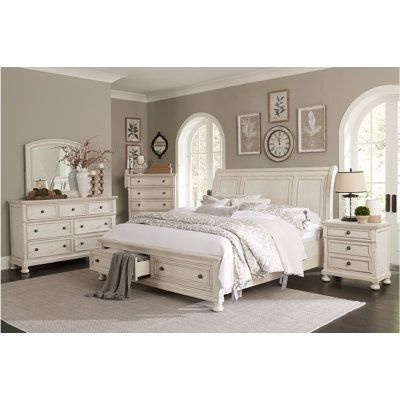 The Asawer Panel Bedroom Set King 6 Piece: Bed, Dresser, Mirror, 2 Nightstands, and Chest is a stunning and unique set of furniture. The bed frame is crafted from solid wood with a beautiful finish. The dresser, mirror, two nightstands, and chest all feature the same classic design with subtle details and a modern appeal. The set is the perfect combination of style and function with plenty of storage space to keep your clothes, linens, and other items organized. The bed is spacious enough for a Classic Bedroom Furniture, White Bedroom Set, 5 Piece Bedroom Set, Sleigh Bedroom Set, Platform Bedroom Sets, Hidden Drawer, Birch Veneer, Transitional Bedroom, White Bed