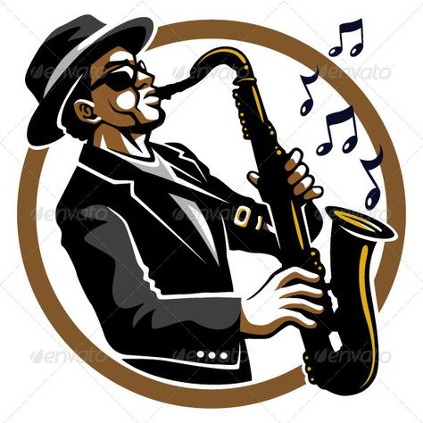 Black blues and jazzy saxophone player mascot. EPS8 vector file. Song Symbol, Arte Jazz, Hat Illustration, Saxophone Player, Jazz Players, Saxophone Players, Jazz Poster, Jazz Art, Music Drawings