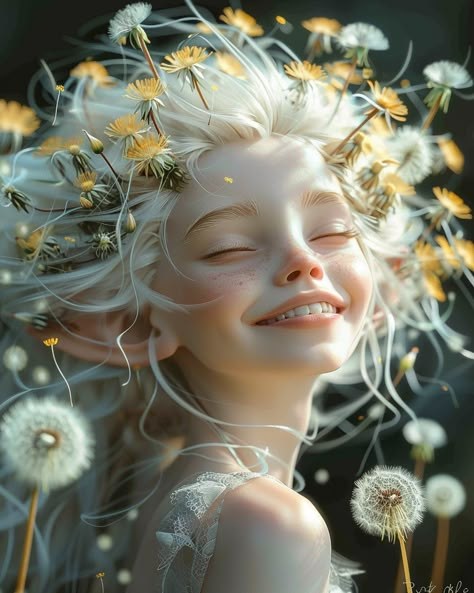 Realistic Portrait of White Fairy with Dandelions Dandelion Fairy, Fairy Portrait, Fairies Aesthetic, Kewpie Art, Joyful Expression, Fairy Photography, Inspirational Digital Art, Water Fairy, White Dandelion