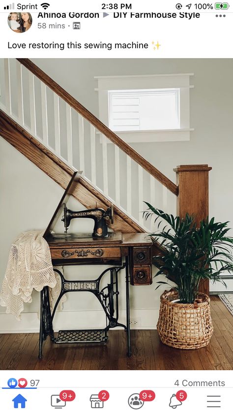 Rustic Shelf Ideas, Antique Sewing Machine Table, Vintage Sewing Table, Sewing Area, Farmhouse Entry, Restored Furniture, Sewing Machine Table, Rustic Shelf, Antique Sewing Table