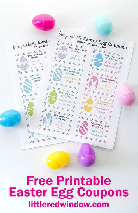 Free Printable Easter Egg Coupons via @redwindowcrafts Easter Egg Coupons For Teens, Free Printable Easter Egg Tokens, Easter Egg Filler Printables Free, Easter Egg Coupon Ideas, Printable Easter Egg Fillers, Easter Egg Filler Coupons, Easter Coupons For Teens, Easter Egg Hunt Printables Free, Easter Egg Tokens Printable