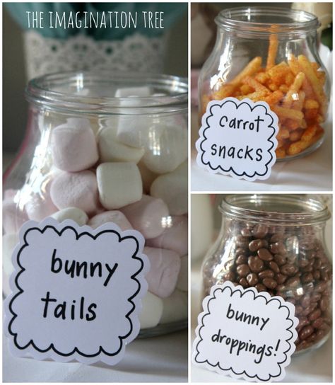 Bunny themed party snacks for baby shower - BabyBump - the app for pregnancy - babybumpapp.com Easter Bunny Birthday Theme, Easter Guessing Jar Ideas, Easter Birthday Party Ideas For Kids, Bunny Birthday Treats, Some Bunny Birthday Party, Bunny Bday Party Ideas, Some Bunny Is One Food Ideas, Bunny Snacks For Kids, Rabbit Party Ideas Bunny Birthday