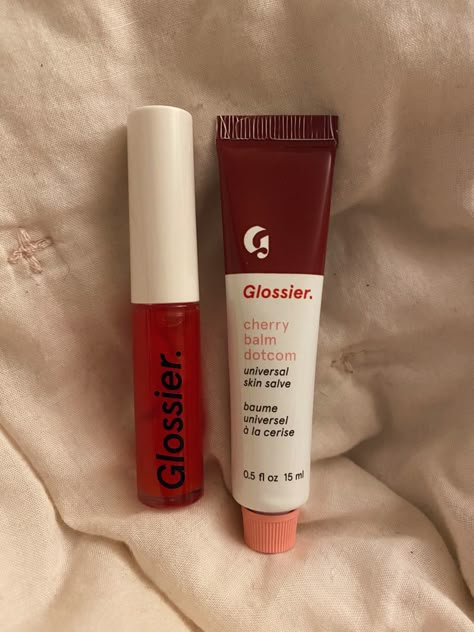 Cherry Lip Products, Red Lip Products, Lip Balms Aesthetic, Balm Dotcom Aesthetic, Coquette Lip Gloss, Good Lip Glosses, Glossier Cherry Balm, Cherry Balm Dotcom, Glossier Cherry