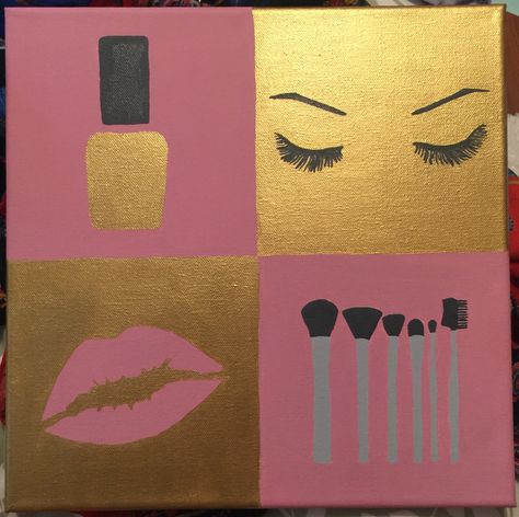 Bathroom canvas art- makeup Makeup Paintings On Canvas, Makeup Painting Canvas Art, Nail Canvas Art, Makeup Painting Art, Diy Bathroom Painting Canvas, Makeup Painting Canvas, Girly Canvas Art, Bathroom Canvas Art Diy, Girly Canvas Painting