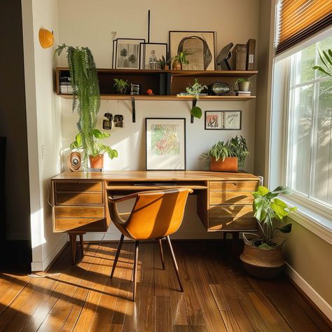 How a simple midcentury desk and shelf come together to make the perfect home office nook, inspiring creative thoughts and deep focus. #homedesign #homeoffice #homeofficeideas #desk #workathome #midcentury #scandinavian #HomeDecor #InteriorDesign #HomeIdeas #HomeStyle #InteriorInspo #HouseGoals #DecorInspiration #DecorTips #HomeInspiration #HomeDecorating Living Room With Workspace, Open Office Layout Home, Office Low Ceiling, Small Living Room And Office Combo, Nordic Office Design Scandinavian Style, Home Office Guest Room Inspiration, Office And Closet Combo Room Small, Office Ideas Home Small, Home Office With Piano