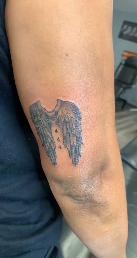 Angel Wings + Angel Numbers  444 Tattoo Wingriddenangel Tattoo, Wing Ridden Angel Tattoo, Angel Numbers 444, 444 Tattoo, Angel Tattoo, Angel Numbers, Angel Wings, Tatting, Angel