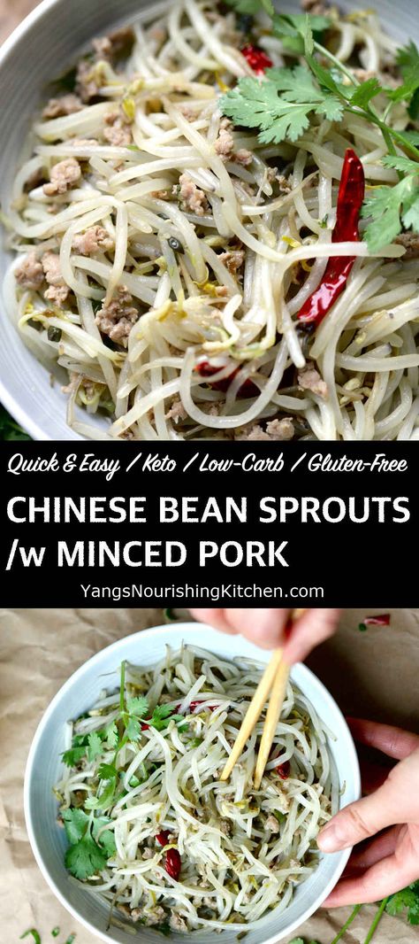 Stir fry bean sprouts with minced pork is so tasty and easy to make! This is a great bean sprouts recipe for quick weeknight meals, and to incorporate more healthy sprouts into our diet. Pork And Bean Sprouts, Bean Sprout Noodle Recipes, Beansprout Recipes, Bean Sprouts Recipes, Chinese Veggies, Bean Sprouts Recipe, Stir Fry Bean Sprouts, Stir Fry Beans, Keto Chinese