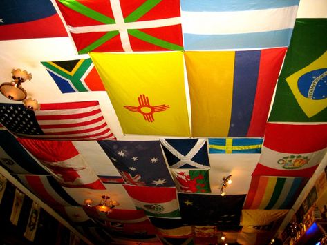 Dorm decor - flags on the ceiling Flag Hanging Ideas Wall Decor, Mexico Flag In Room, Flags Hanging From Ceiling, Flags On Ceiling Bedroom, Hanging Flags On Wall Room Decor, Flags On Ceiling, Flag On Ceiling, Flag Bedroom Ideas, Flags On Wall