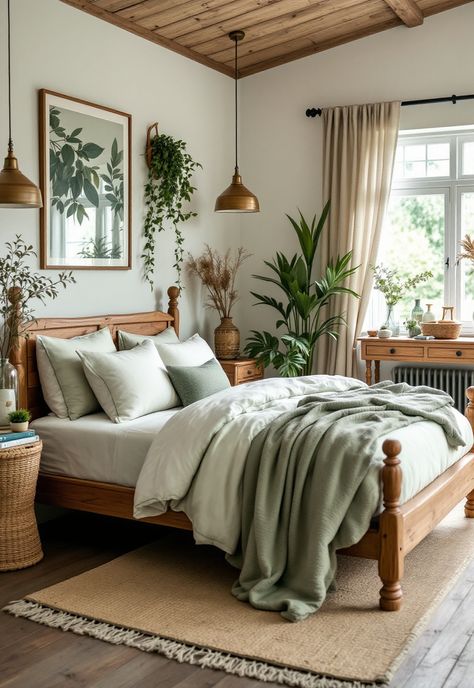 Sage Green Farmhouse Bedroom Sage Green Bedroom Ideas For Couples, Boho Bedroom With Green Bedding, Sage Modern Bedroom, Sage Green Earthy Aesthetic, Natural Interior Design Bedroom, Olive And Sage Bedroom, Calke Green Bedroom, Sage Green Room Decor Ideas, Green And Oak Bedroom